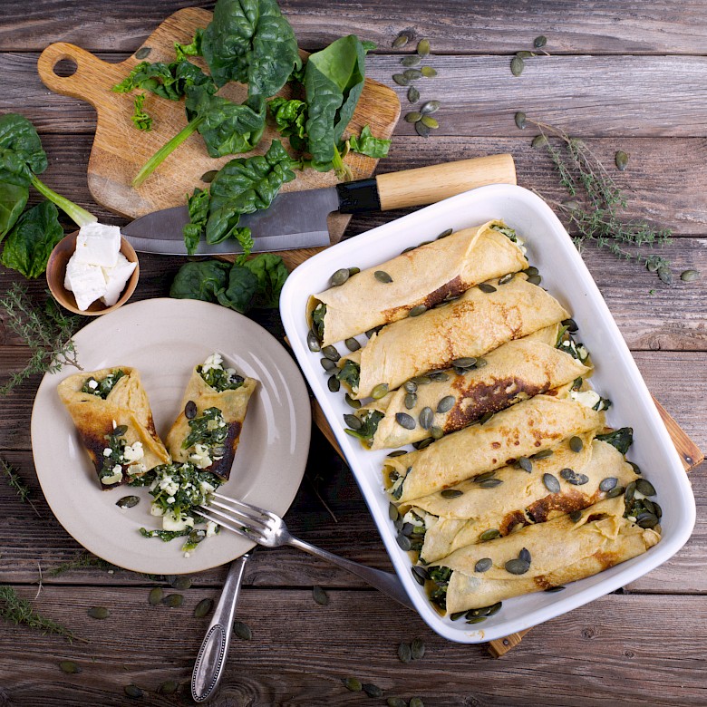 Rezept für Einkorn-Pfannkuchen mit Spinat-Feta-Füllung